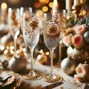 Taças de champagne com decoração glitter ou pintadas.