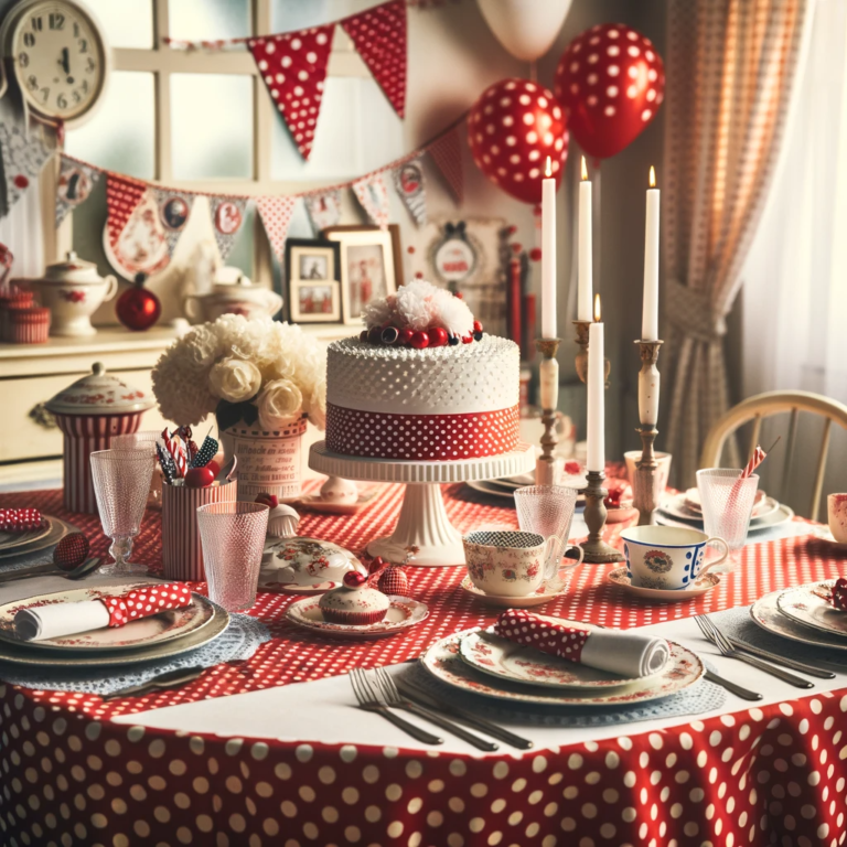 Mesa de festa decorada com toalha de bolinhas em estilo vintage