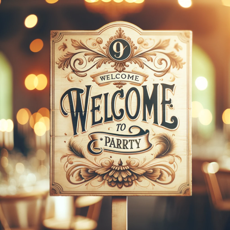 Placa de boas-vindas em estilo vintage na entrada da festa